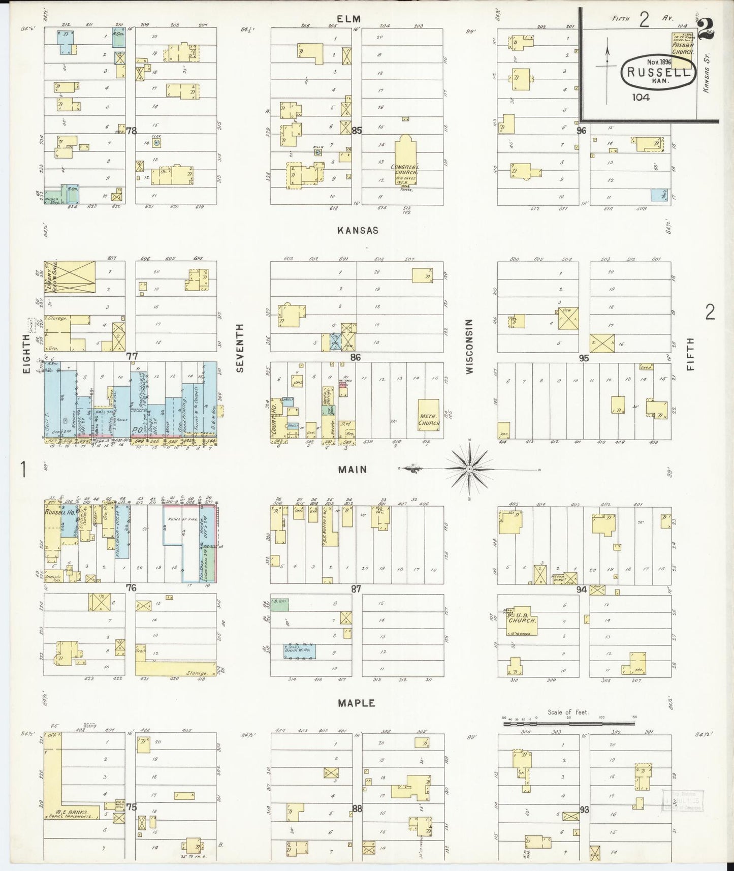 Sanborn Fire Insurance Map from Russell, Russell County, Kansas (1896), Sheet #0002 - Historic Sanborn Fire Insurance Map Print, vintage old map wall art, antique decor, genealogy gift, Kansas Kansas map