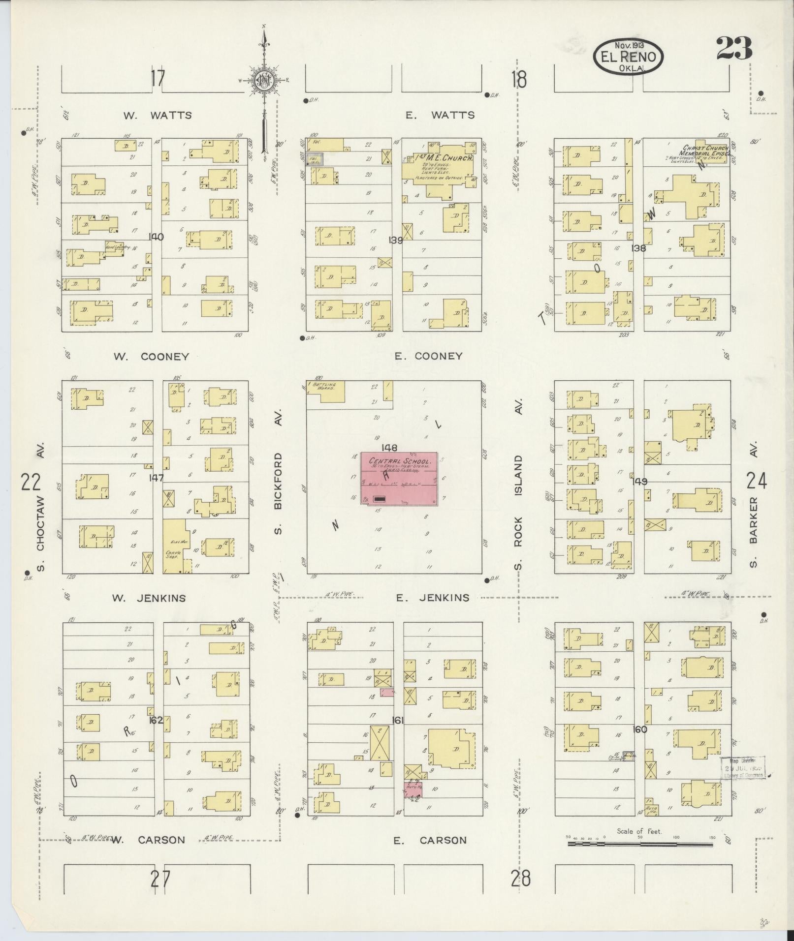 Sanborn Fire Insurance Map from El Reno, Canadian County, Oklahoma (1913), Sheet #0023 - Historic Sanborn Fire Insurance Map Print, vintage old map wall art, antique decor, genealogy gift, Oklahoma Oklahoma map