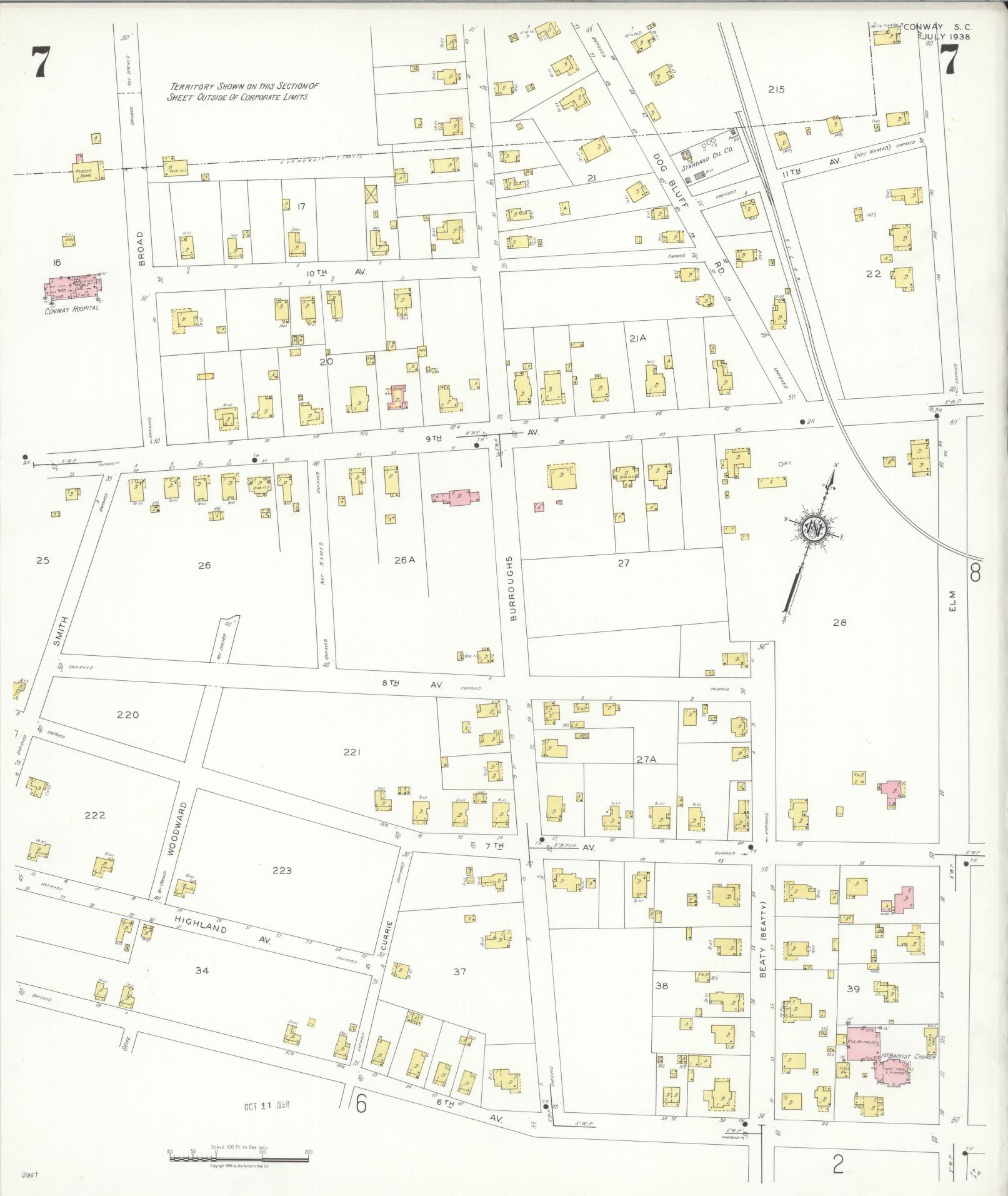 Sanborn Fire Insurance Map from Conway, Horry County, South Carolina (1938), Sheet #0007 - Complete Map Set gallery image, historic Sanborn map, vintage wall art, South Carolina South Carolina