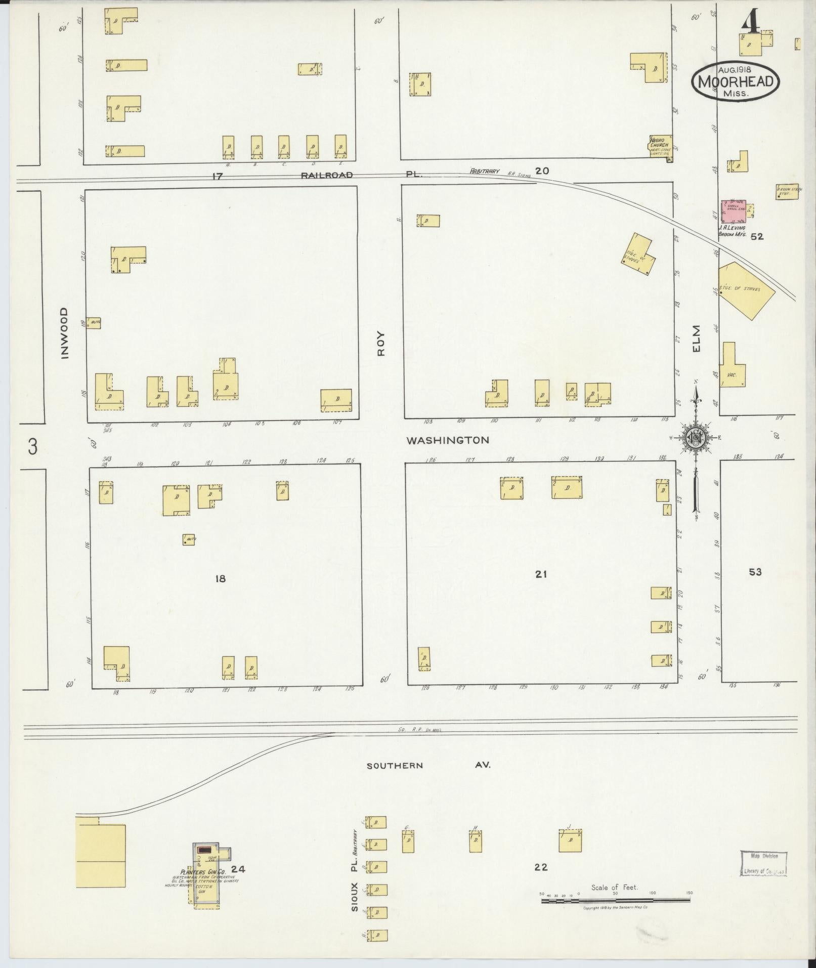 Sanborn Fire Insurance Map from Moorhead, Sunflower County, Mississippi (1918), Sheet #0004 - Complete Map Set gallery image, historic Sanborn map, vintage wall art, Mississippi Mississippi