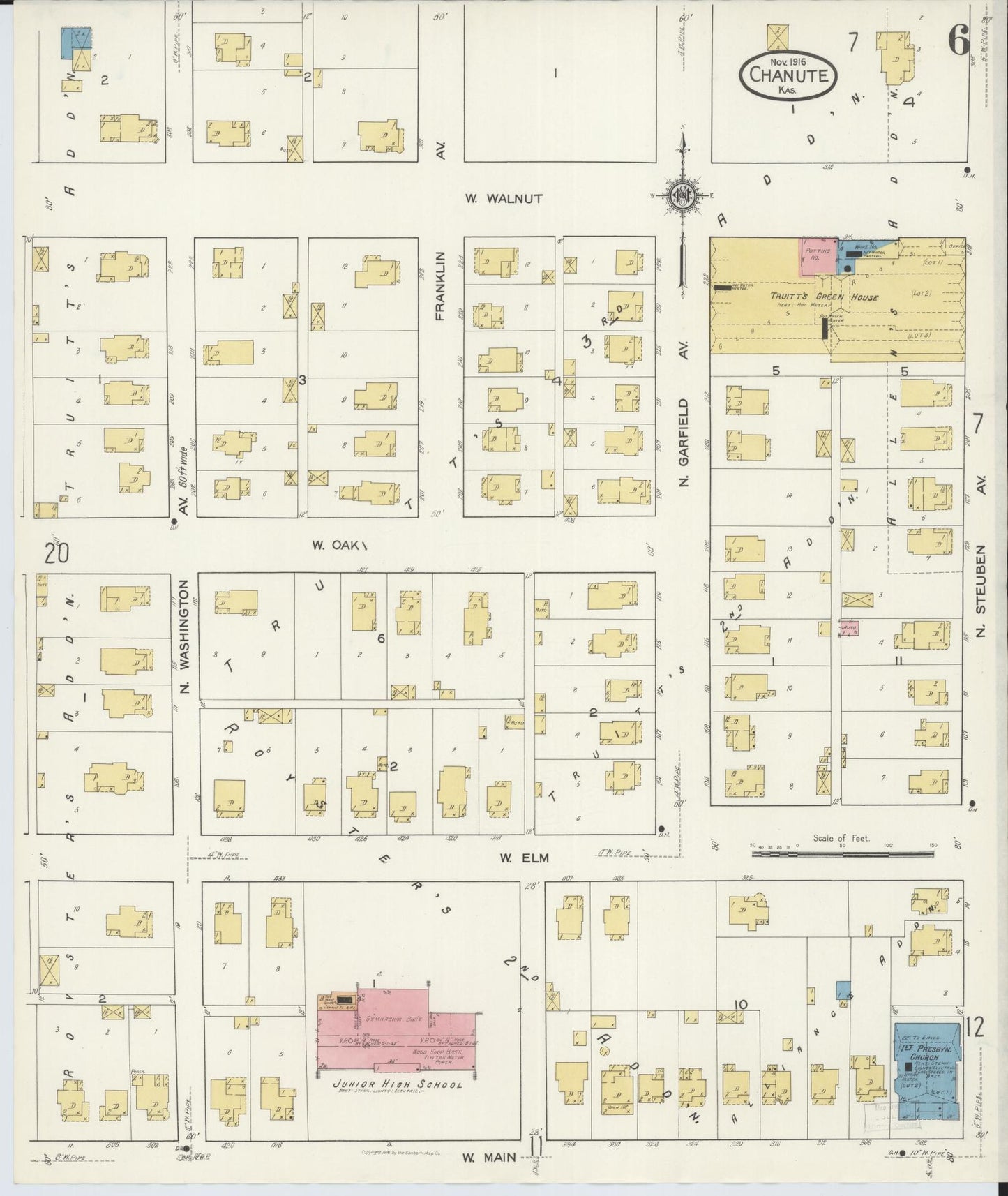 Sanborn Fire Insurance Map from Chanute, Neosho County, Kansas (1916), Sheet #0006 - Historic Sanborn Fire Insurance Map Print, vintage old map wall art, antique decor, genealogy gift, Kansas Kansas map