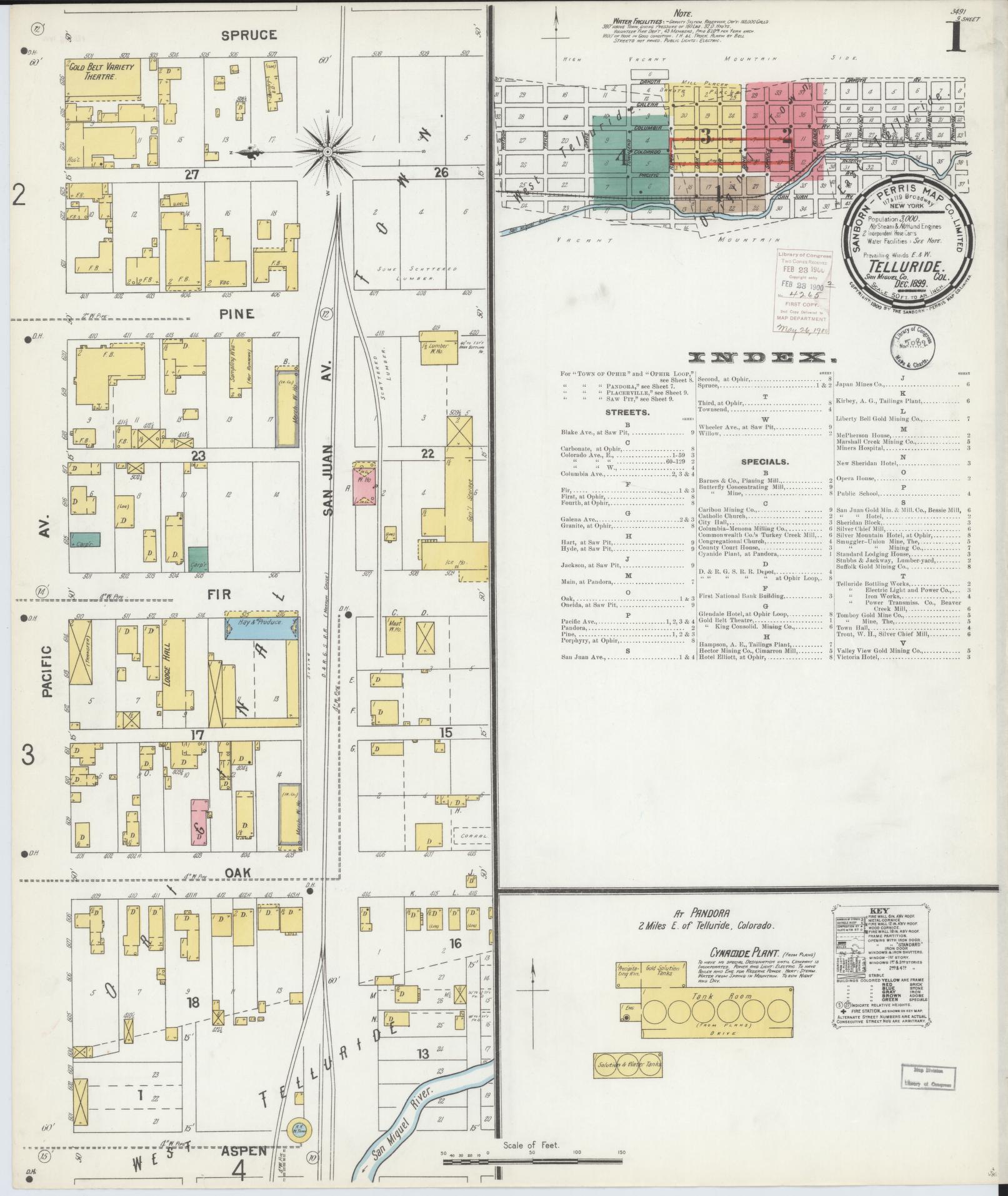Sanborn Fire Insurance Map from Telluride, San Miguel County, Colorado (1899), Sheet #0001 - Complete Map Set gallery image, historic Sanborn map, vintage wall art, Colorado Colorado