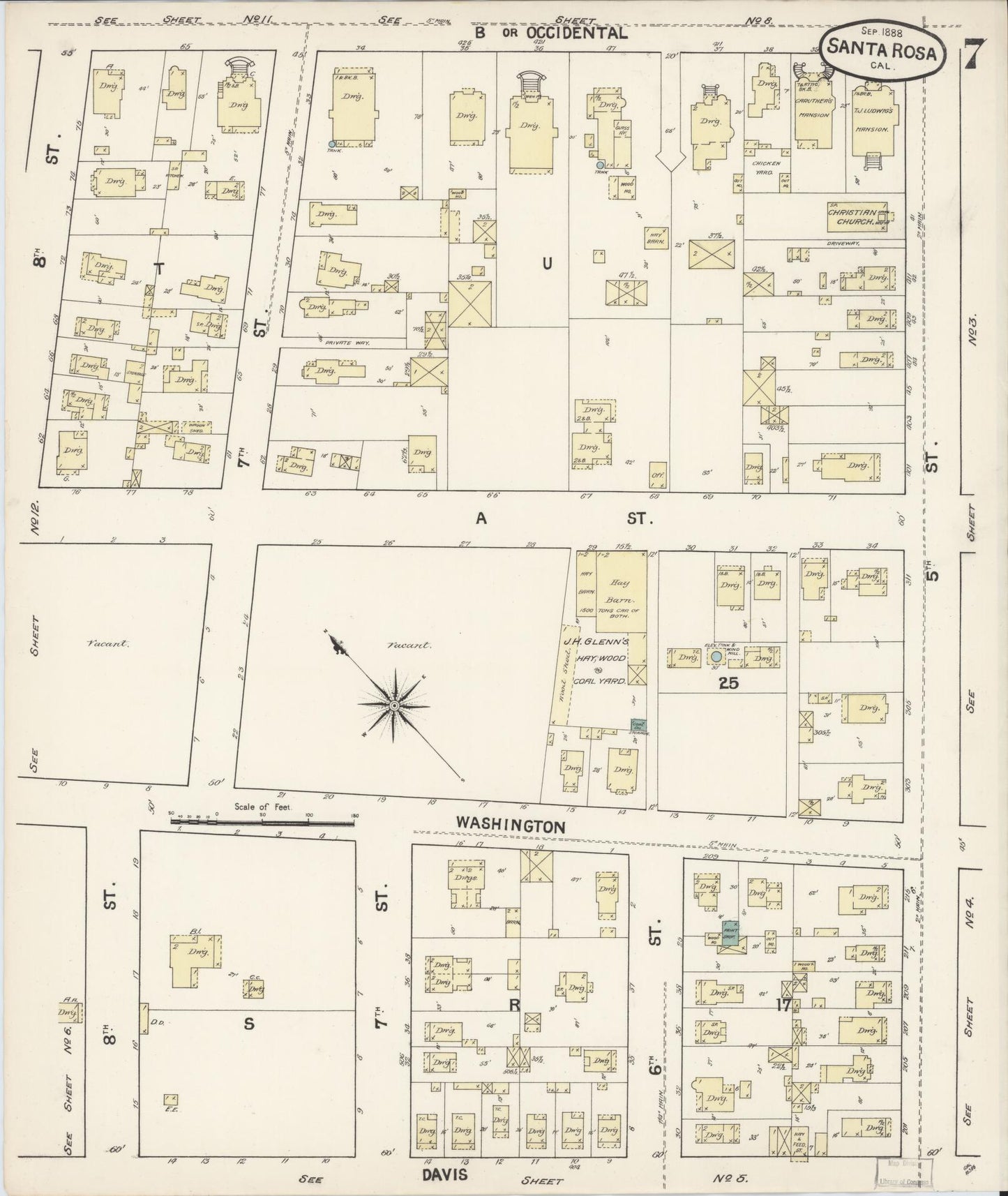 Sanborn Fire Insurance Map from Santa Rosa, Sonoma County, California (1888), Sheet #0007 - Complete Map Set gallery image, historic Sanborn map, vintage wall art, California California