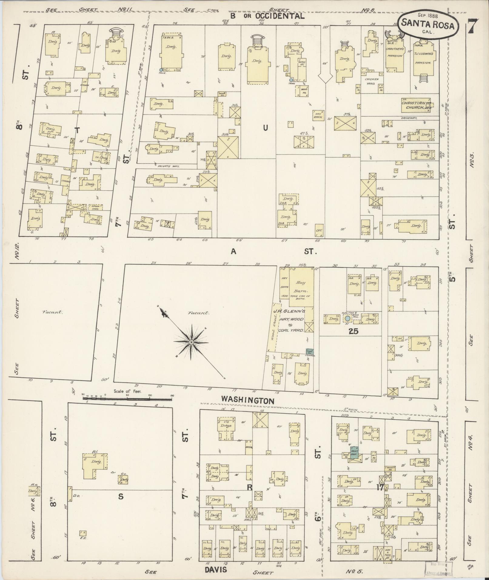 Sanborn Fire Insurance Map from Santa Rosa, Sonoma County, California (1888), Sheet #0007 - Complete Map Set gallery image, historic Sanborn map, vintage wall art, California California