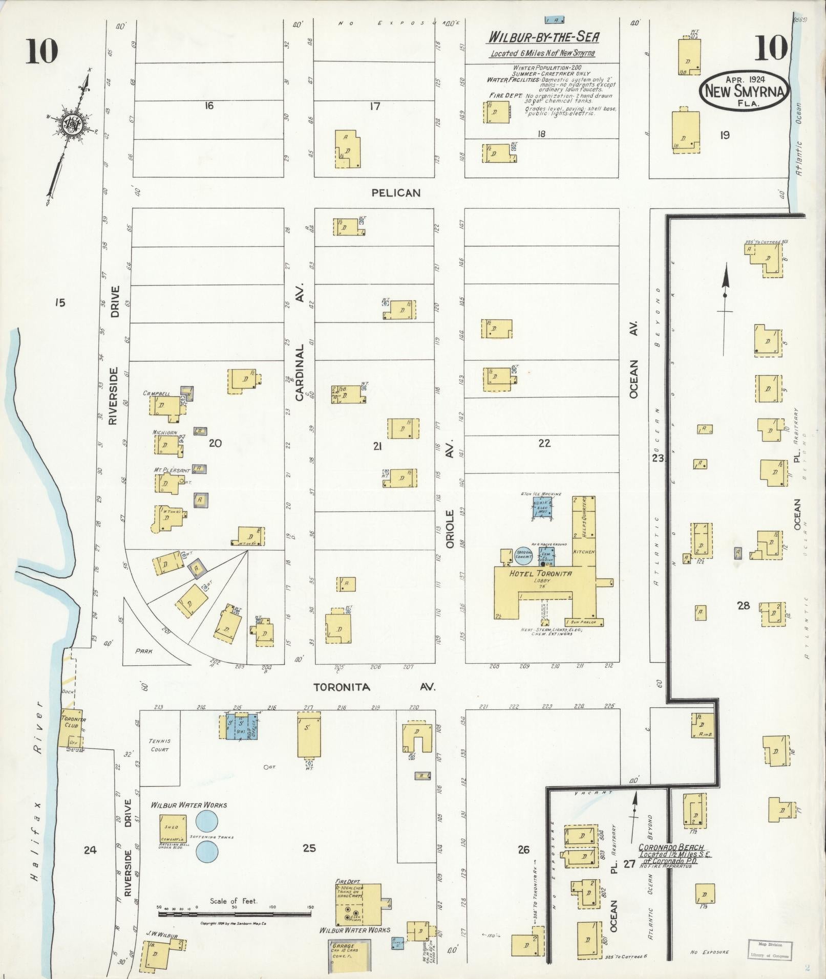 Sanborn Fire Insurance Map from New Smyrna, Valusia County, Florida (1924), Sheet #0010 - Historic Sanborn Fire Insurance Map Print, vintage old map wall art, antique decor, genealogy gift, Florida Florida map