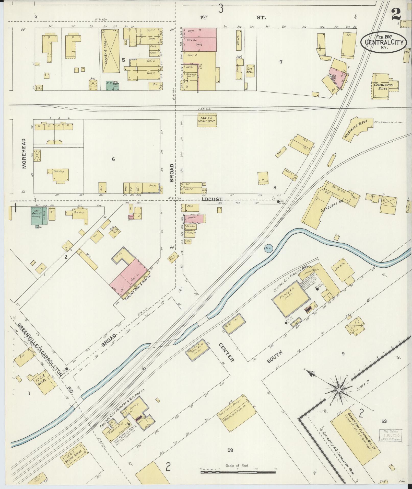Sanborn Fire Insurance Map from Central City, Mublenberg County, Kentucky (1907), Sheet #0002 - Complete Map Set gallery image, historic Sanborn map, vintage wall art, Kentucky Kentucky
