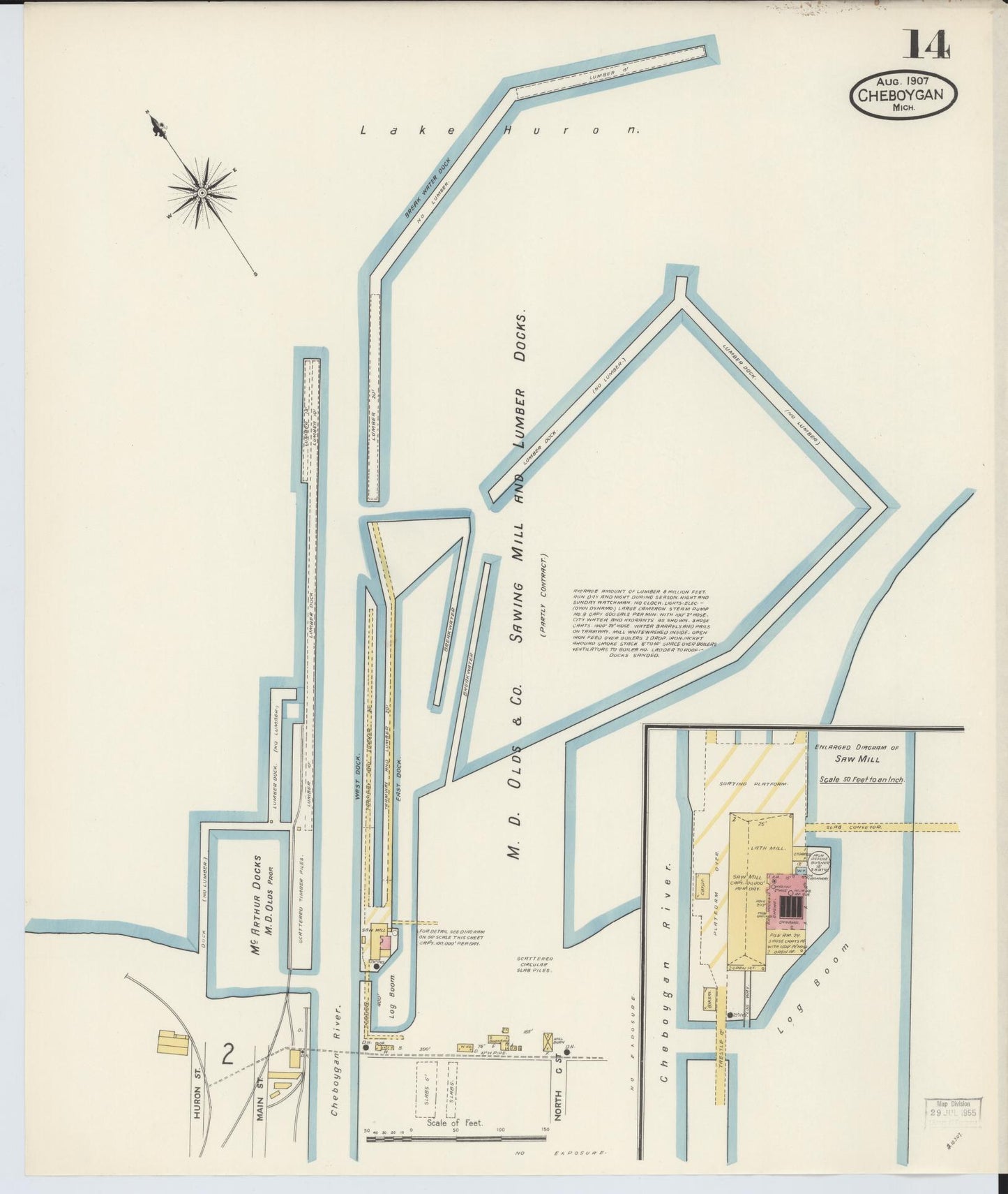 Sanborn Fire Insurance Map from Cheboygan, Cheboygan County, Michigan (1907), Sheet #0014 - Historic Sanborn Fire Insurance Map Print, vintage old map wall art, antique decor, genealogy gift, Michigan Michigan map