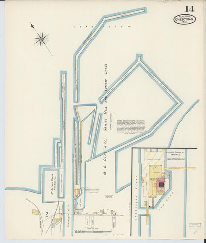 Sanborn Fire Insurance Map from Cheboygan, Cheboygan County, Michigan (1907), Sheet #0014 - Historic Sanborn Fire Insurance Map Print, vintage old map wall art, antique decor, genealogy gift, Michigan Michigan map