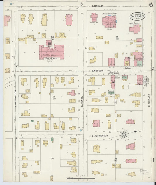 Sanborn Fire Insurance Map from Coldwater, Branch County, Michigan (1897), Sheet #0006 - Historic Sanborn Fire Insurance Map Print, vintage old map wall art, antique decor, genealogy gift, Michigan Michigan map