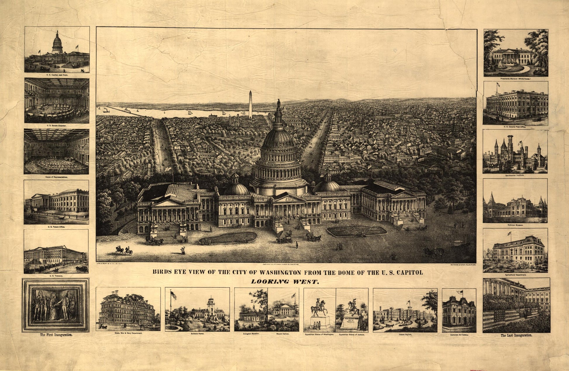 Birds eye view of the city of Washington from the dome of the U.S. Capitol Looking west (1860) – Historic Bird’s-Eye View Panorama Print