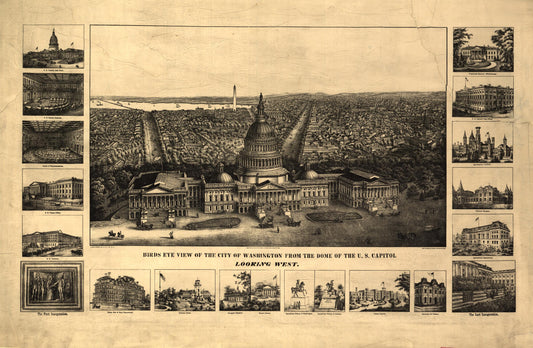 Birds eye view of the city of Washington from the dome of the U.S. Capitol Looking west (1860) – Historic Bird’s-Eye View Panorama Print