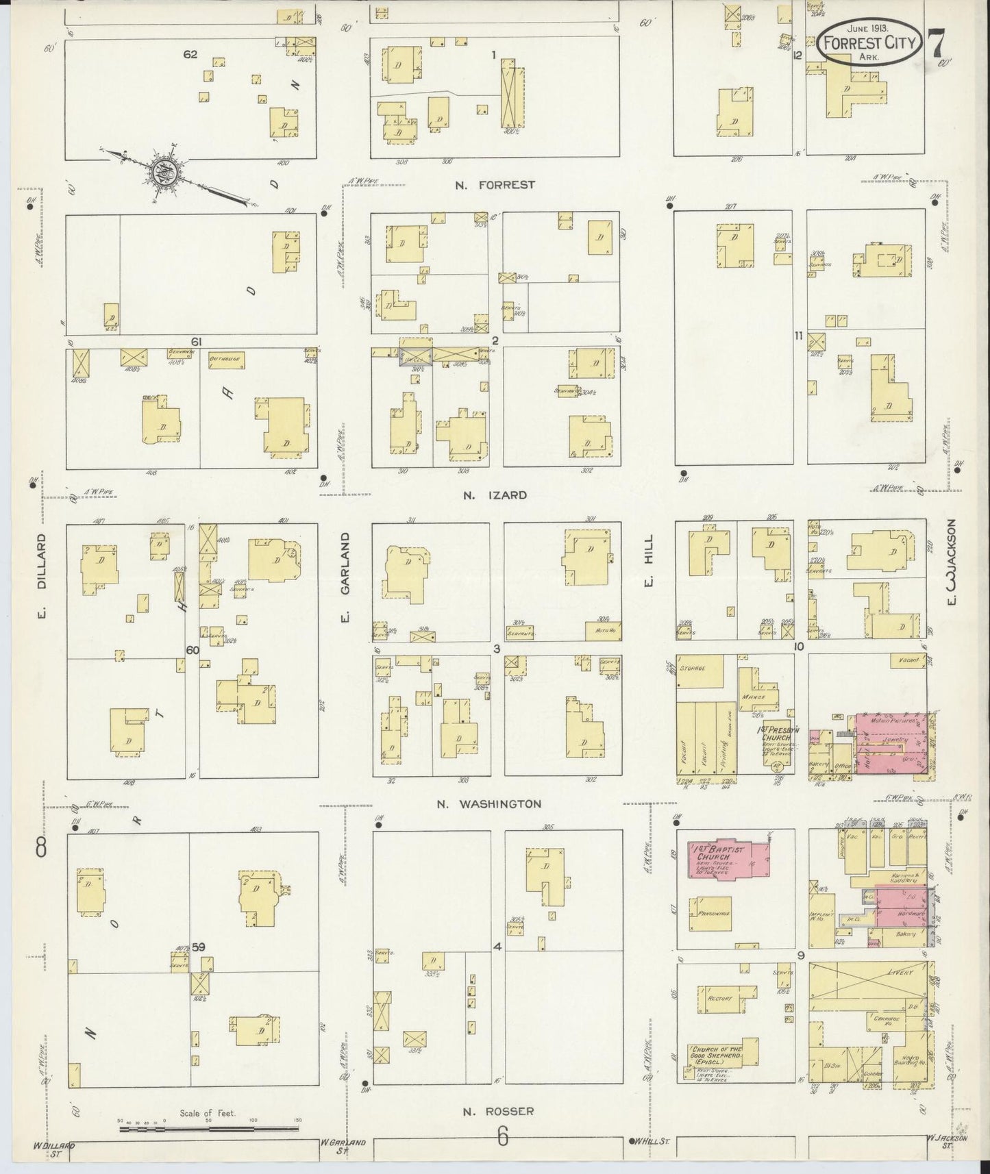 Sanborn Fire Insurance Map from Forrest City, Saint Francis County, Arkansas (1913), Sheet #0007 - Complete Map Set gallery image, historic Sanborn map, vintage wall art, Arkansas Arkansas