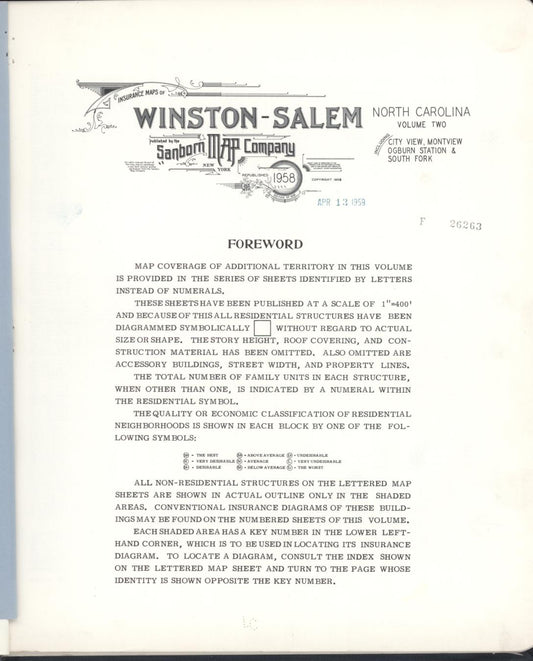 Sanborn Fire Insurance Map from Winston-salem, Forsyth County, North Carolina (1958), Sheet #0001 - Historic Sanborn Fire Insurance Map Print, vintage old map wall art, antique decor, genealogy gift, North Carolina North Carolina map