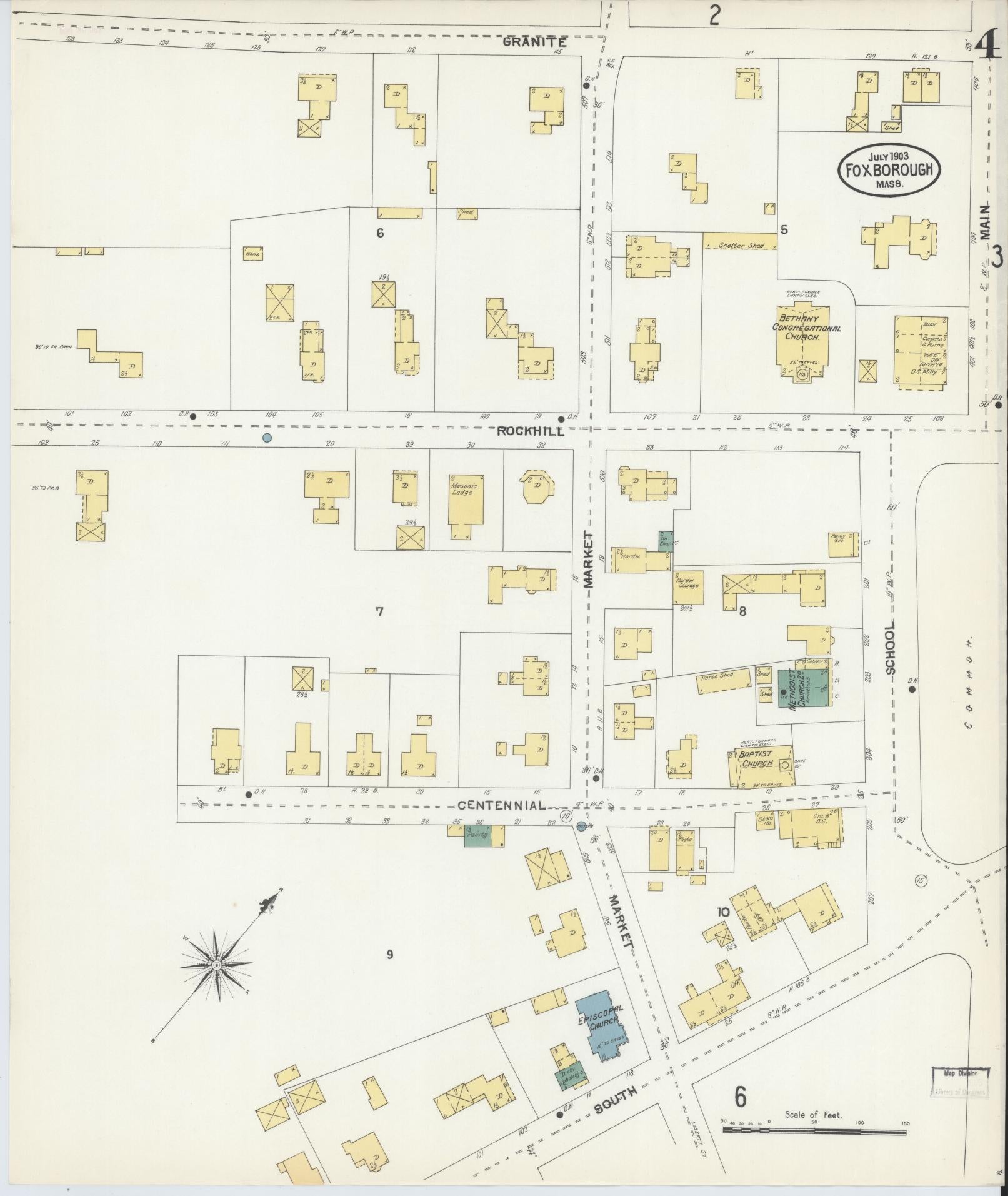 Sanborn Fire Insurance Map from Foxboro, Norfolk County, Massachusetts (1903), Sheet #0004 - Complete Map Set gallery image, historic Sanborn map, vintage wall art, Massachusetts Massachusetts