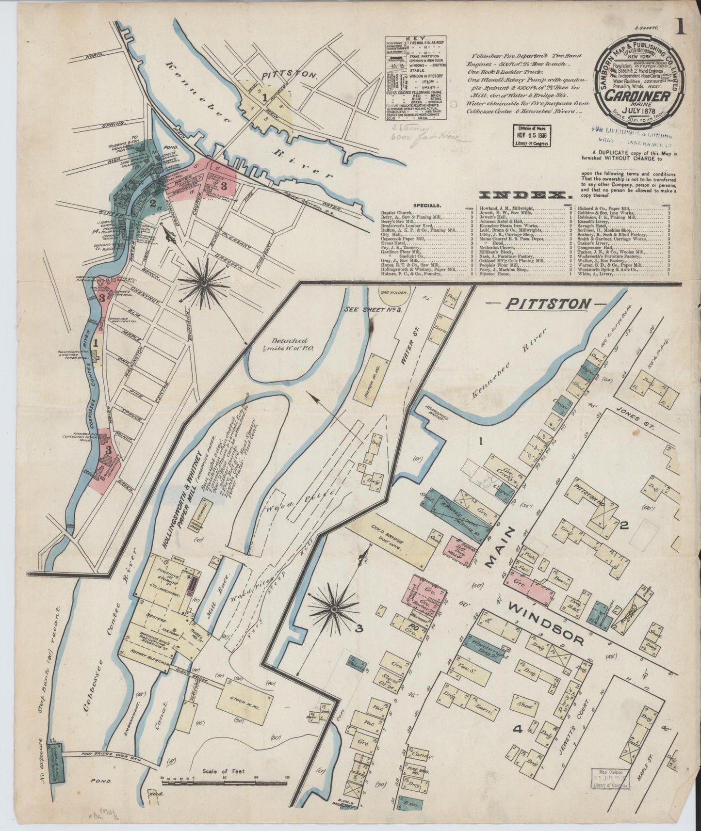 Sanborn Fire Insurance Map from Gardiner, Kennebec County, Maine (1878), Sheet #0001 - Complete Map Set gallery image, historic Sanborn map, vintage wall art, Maine Maine
