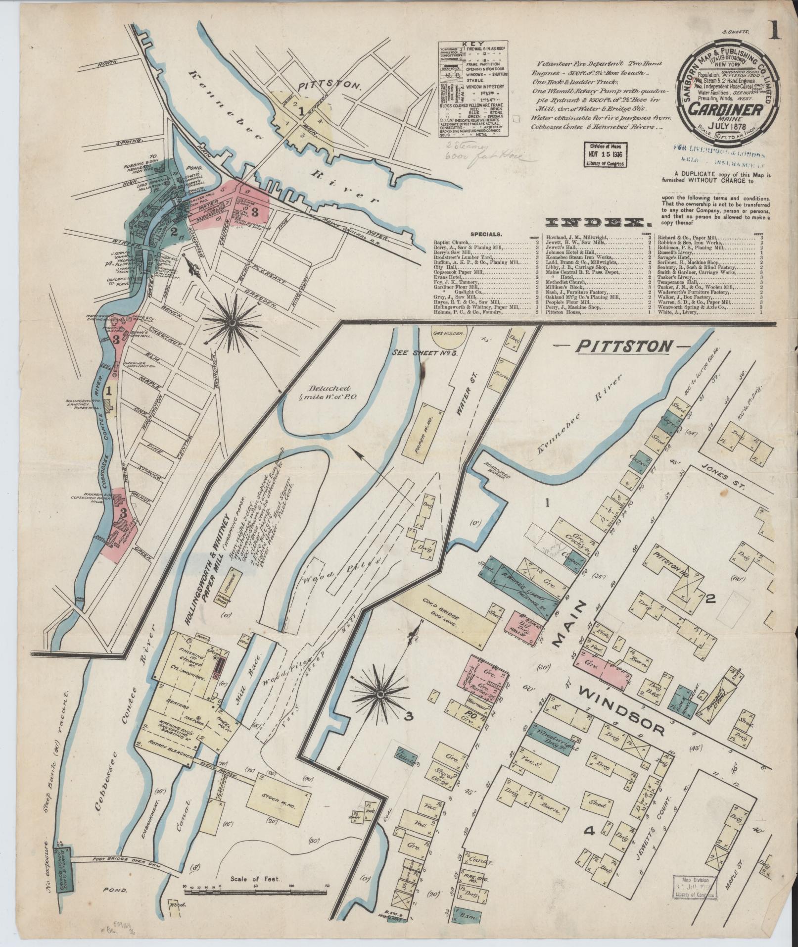 Sanborn Fire Insurance Map from Gardiner, Kennebec County, Maine (1878), Sheet #0001 - Complete Map Set gallery image, historic Sanborn map, vintage wall art, Maine Maine