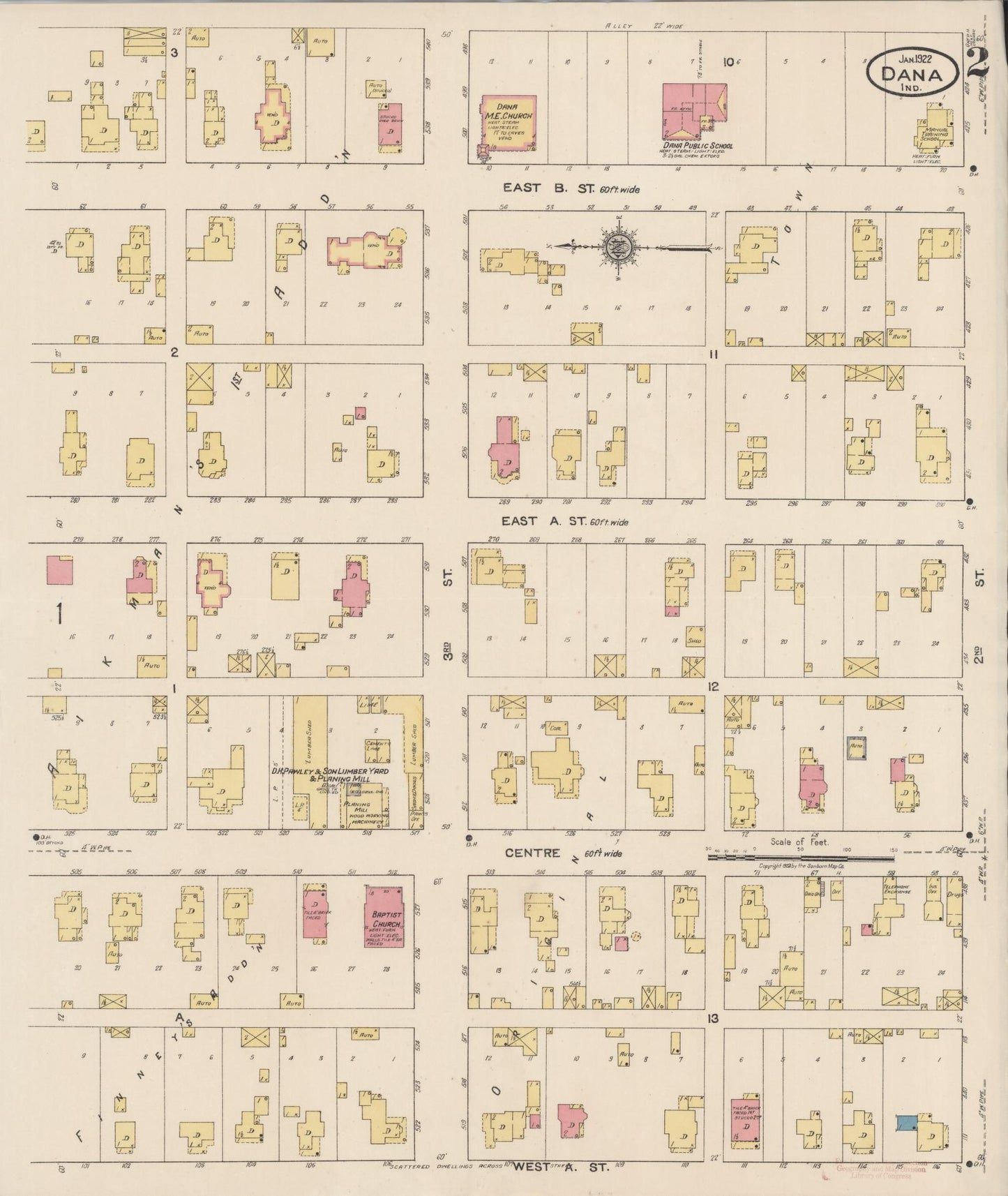 Sanborn Fire Insurance Map from Dana, Vermillion County, Indiana (1922), Sheet #0002 - Complete Map Set gallery image, historic Sanborn map, vintage wall art, Indiana Indiana