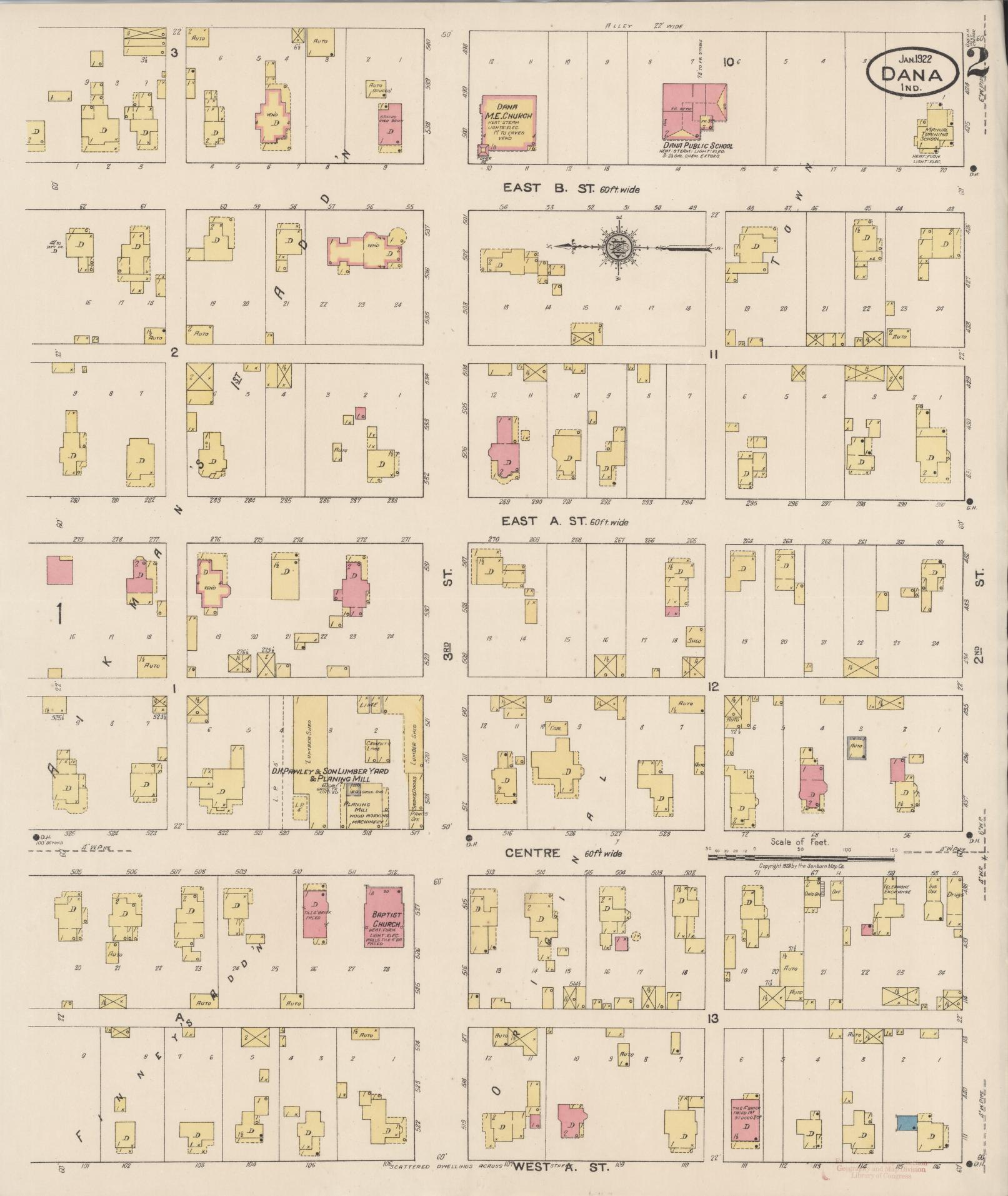 Sanborn Fire Insurance Map from Dana, Vermillion County, Indiana (1922), Sheet #0002 - Complete Map Set gallery image, historic Sanborn map, vintage wall art, Indiana Indiana