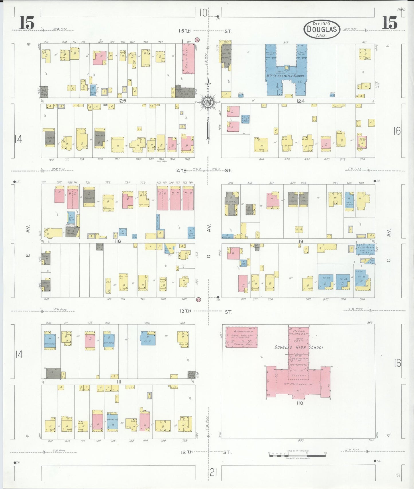 Sanborn Fire Insurance Map from Douglas, Cochise County, Arizona (1929), Sheet #0015 - Historic Sanborn Fire Insurance Map Print, vintage old map wall art, antique decor, genealogy gift, Arizona Arizona map