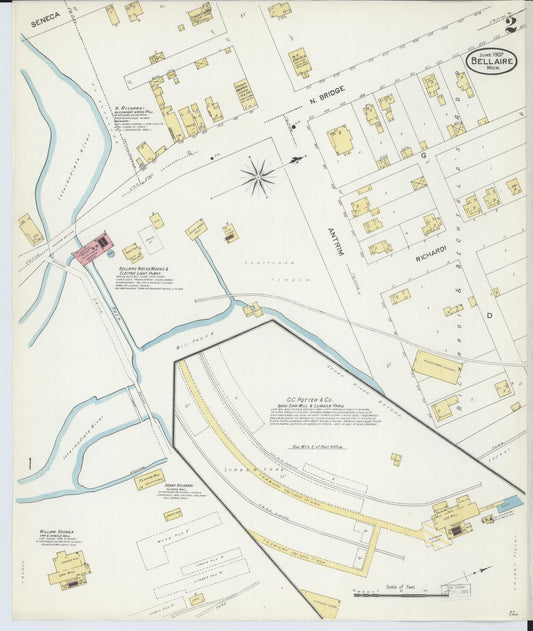 Sanborn Fire Insurance Map from Bellaire, Antrim County, Michigan (1907), Sheet #0002 - Historic Sanborn Fire Insurance Map Print, vintage old map wall art, antique decor, genealogy gift, Michigan Michigan map