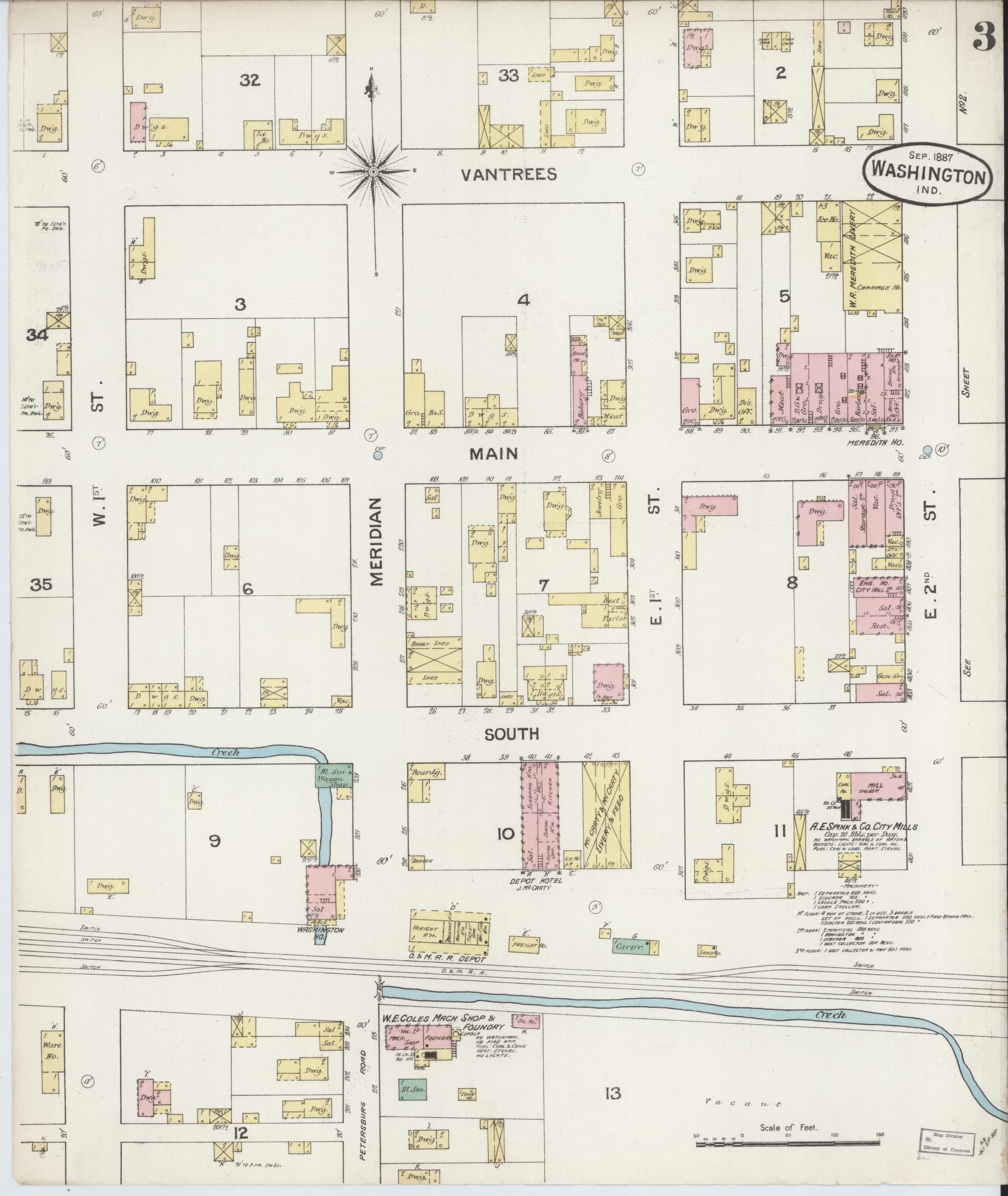 Sanborn Fire Insurance Map from Washington, Daviess County, Indiana (1887), Sheet #0003 - Historic Sanborn Fire Insurance Map Print, vintage old map wall art, antique decor, genealogy gift, Washington Washington map