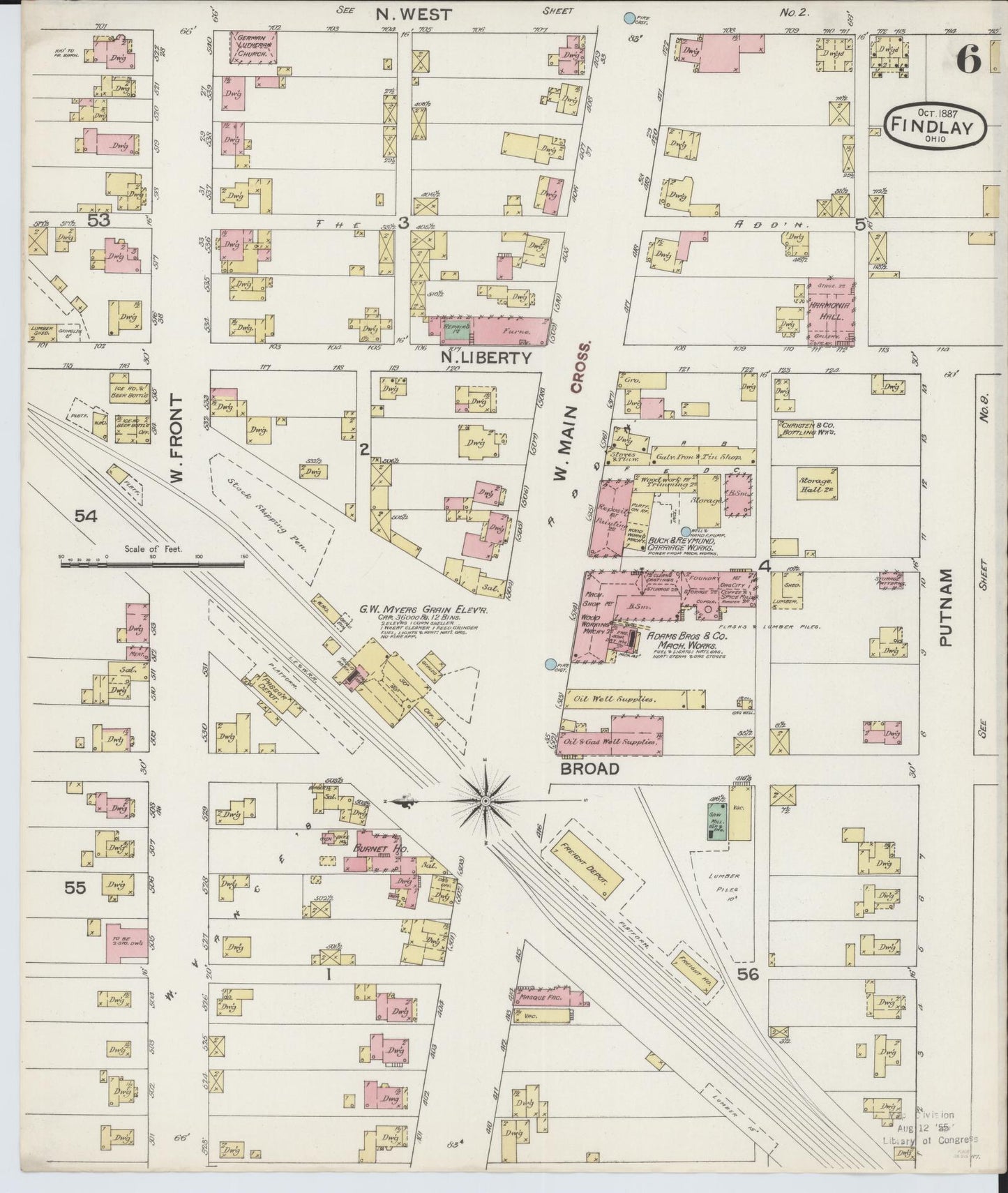 Sanborn Fire Insurance Map from Findlay, Hancock County, Ohio (1887), Sheet #0006 - Historic Sanborn Fire Insurance Map Print, vintage old map wall art, antique decor, genealogy gift, Ohio Ohio map