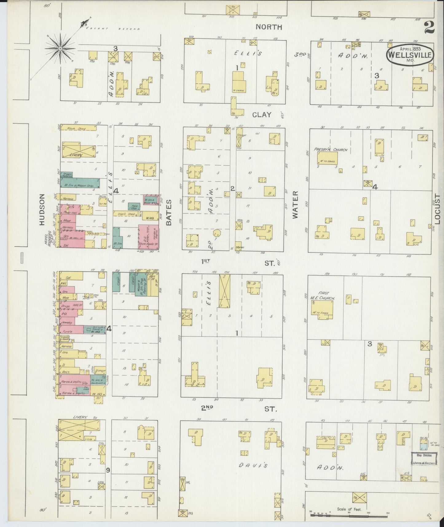 Sanborn Fire Insurance Map from Wellsville, Montgomery County, Missouri (1893), Sheet #0002 - Historic Sanborn Fire Insurance Map Print, vintage old map wall art, antique decor, genealogy gift, Missouri Missouri map