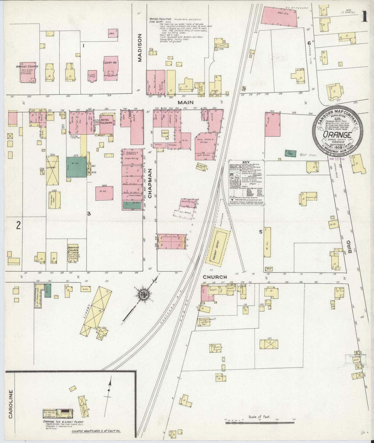 Sanborn Fire Insurance Map from Orange, Orange County, Virginia (1909), Sheet #0001 - Complete Map Set gallery image, historic Sanborn map, vintage wall art, Virginia Virginia