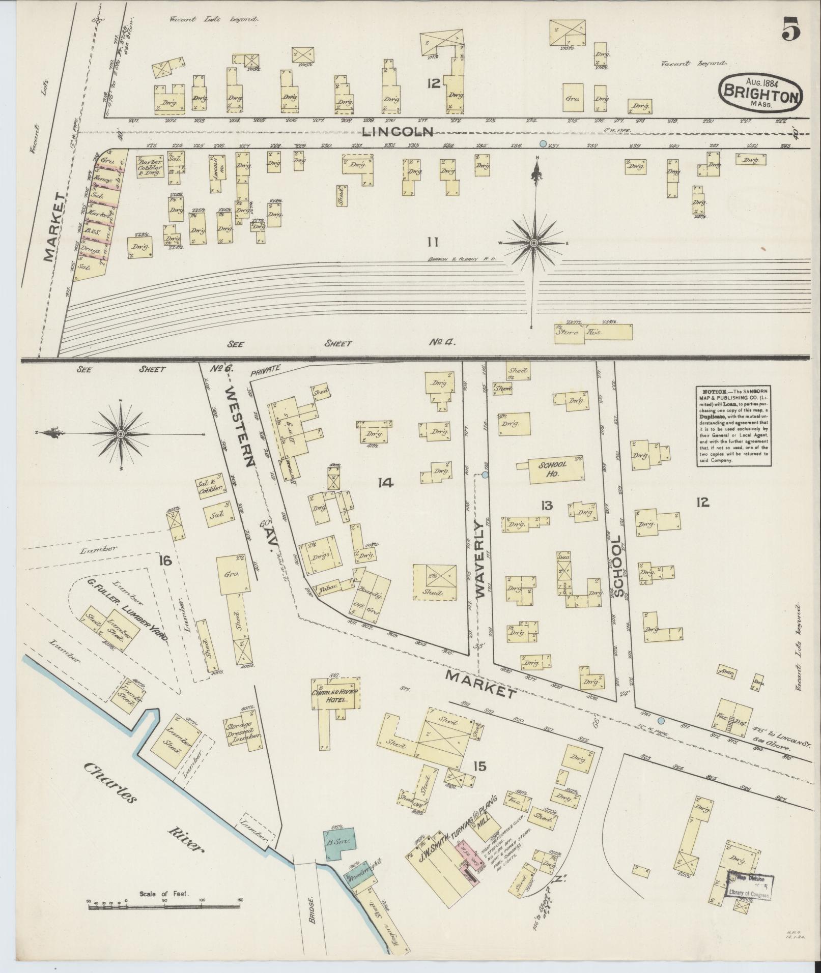 Sanborn Fire Insurance Map from Brighton, Suffolk County, Massachusetts (1884), Sheet #0005 - Historic Sanborn Fire Insurance Map Print, vintage old map wall art, antique decor, genealogy gift, Massachusetts Massachusetts map
