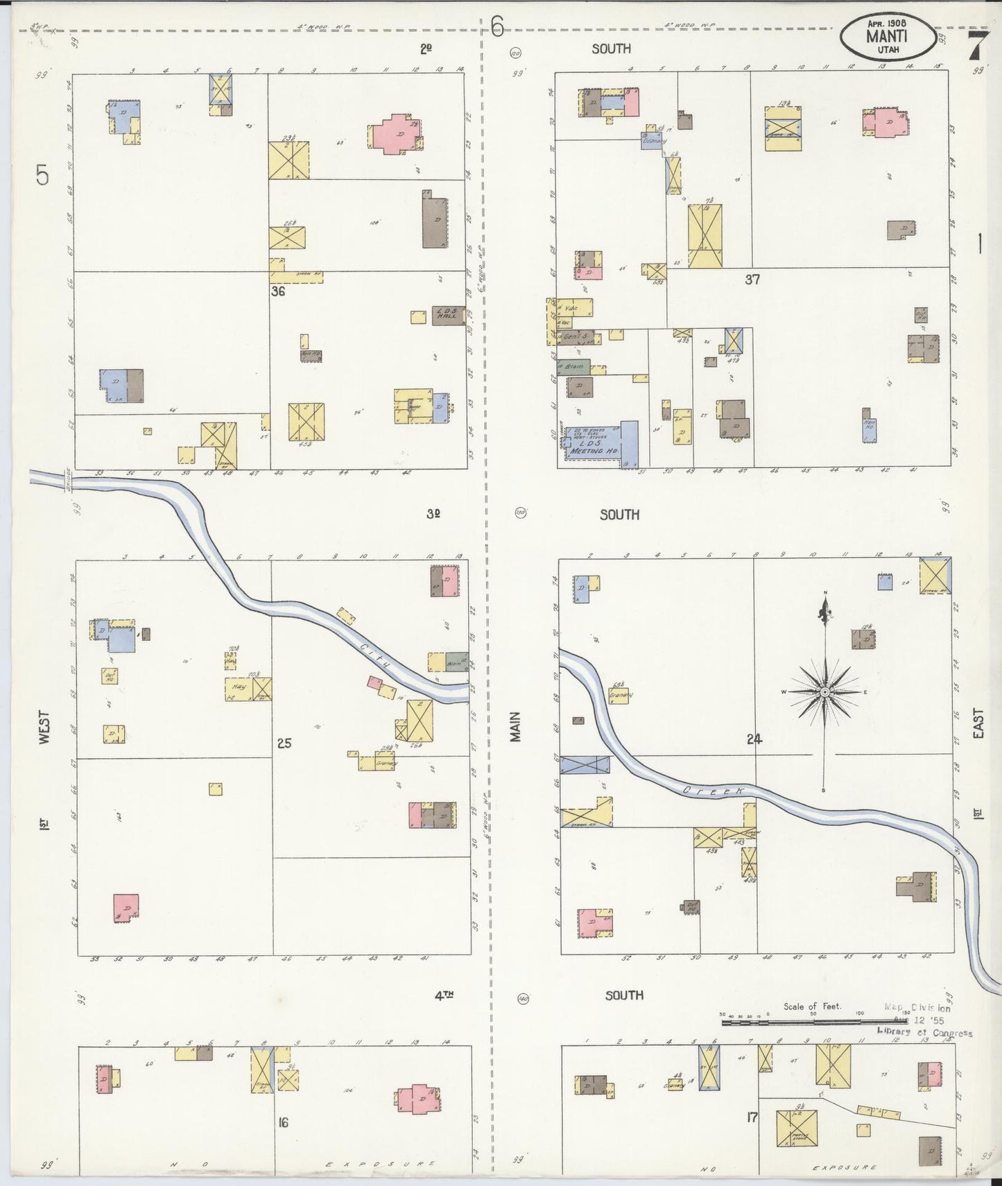 Sanborn Fire Insurance Map from Manti, Sanpete County, Utah (1908), Sheet #0007 - Complete Map Set gallery image, historic Sanborn map, vintage wall art, Utah Utah
