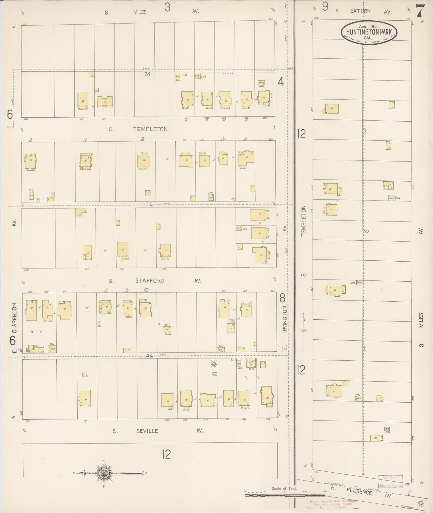 Sanborn Fire Insurance Map from Huntington Park, Los Angeles County, California (1916), Sheet #0007 - Historic Sanborn Fire Insurance Map Print, vintage old map wall art, antique decor, genealogy gift, California California map