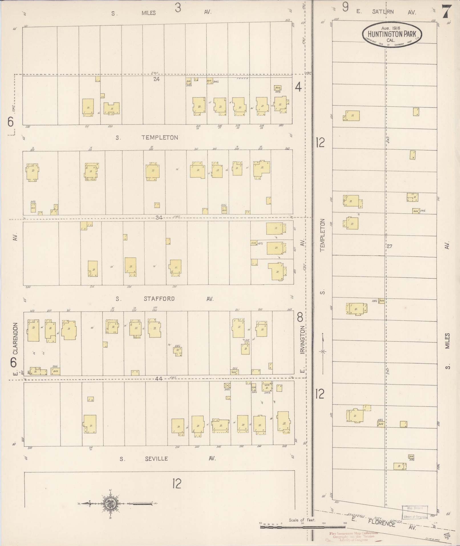 Sanborn Fire Insurance Map from Huntington Park, Los Angeles County, California (1916), Sheet #0007 - Historic Sanborn Fire Insurance Map Print, vintage old map wall art, antique decor, genealogy gift, California California map