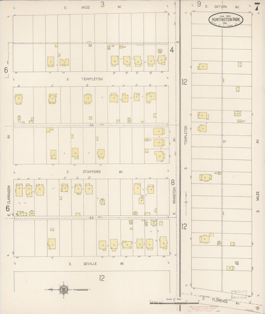 Sanborn Fire Insurance Map from Huntington Park, Los Angeles County, California (1916), Sheet #0007 - Historic Sanborn Fire Insurance Map Print, vintage old map wall art, antique decor, genealogy gift, California California map