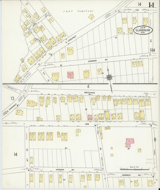 Sanborn Fire Insurance Map from Clarksburg, Harrison County, West Virginia (1911), Sheet #0014 - Historic Sanborn Fire Insurance Map Print, vintage old map wall art, antique decor, genealogy gift, West Virginia West Virginia map