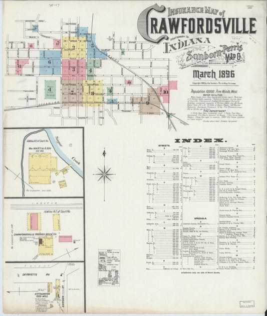 Sanborn Fire Insurance Map from Crawfordsville, Montgomery County, Indiana (1896), Sheet #0001 - Historic Sanborn Fire Insurance Map Print, vintage old map wall art, antique decor, genealogy gift, Indiana Indiana map