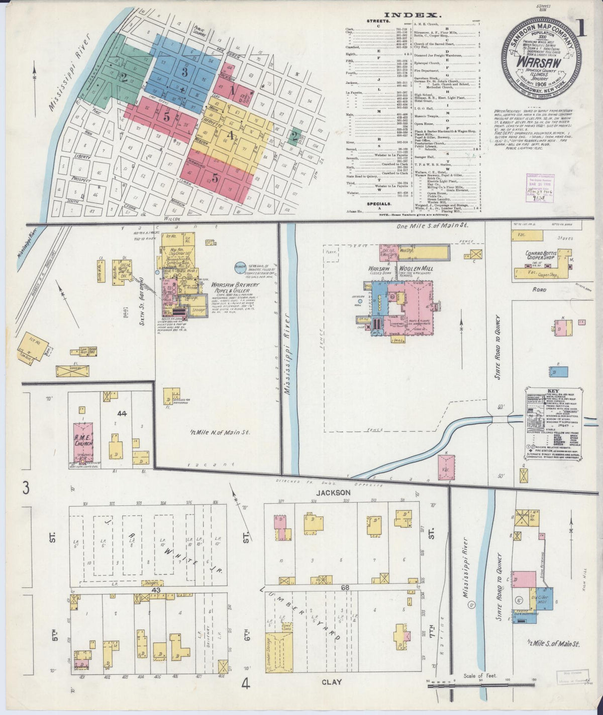 Sanborn Fire Insurance Map from Warsaw, Hancock County, Illinois (1906), Sheet #0001 - Historic Sanborn Fire Insurance Map Print, vintage old map wall art, antique decor, genealogy gift, Illinois Illinois map