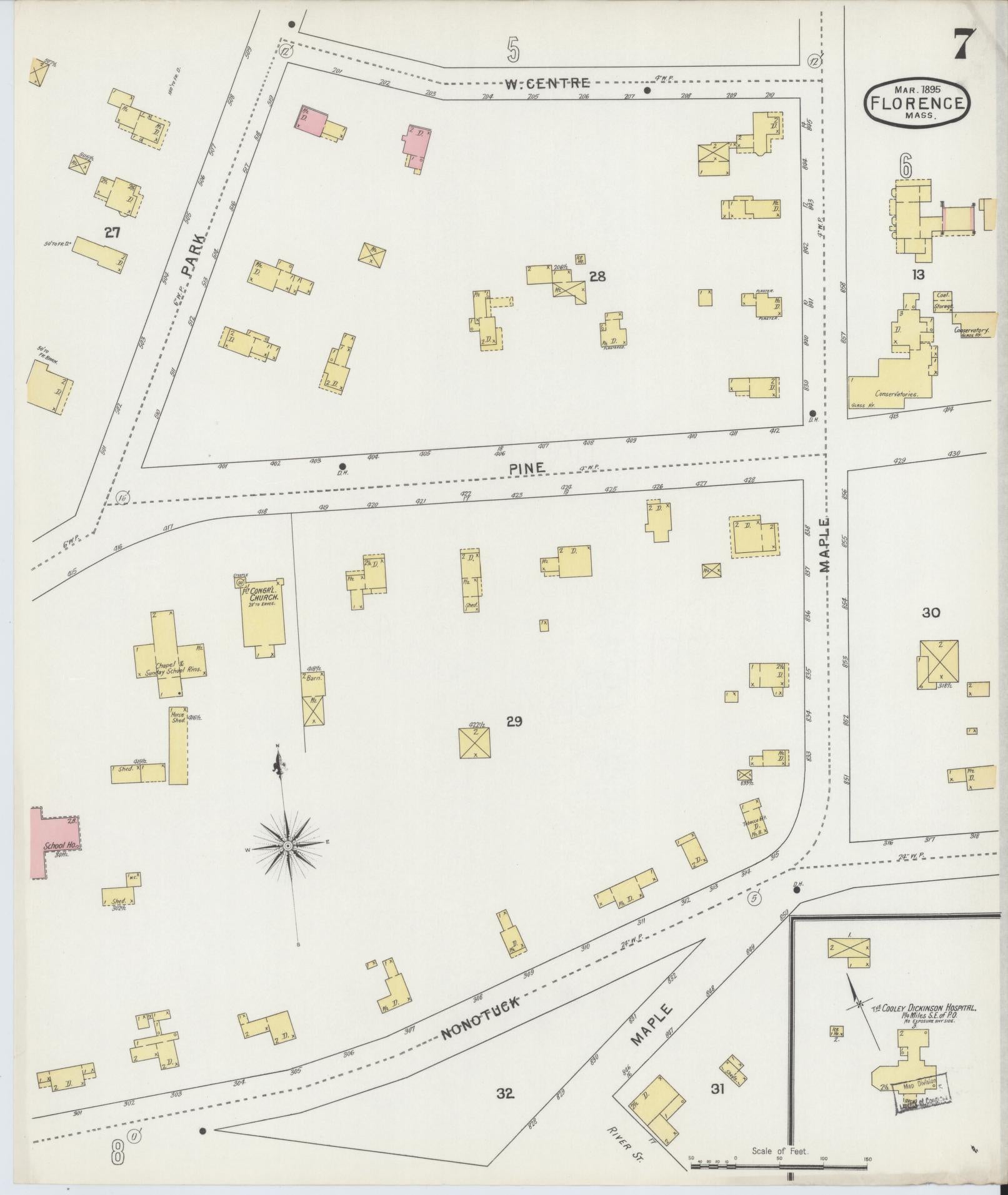 Sanborn Fire Insurance Map from Florence, Hampshire County, Massachusetts (1895), Sheet #0007 - Complete Map Set gallery image, historic Sanborn map, vintage wall art, Massachusetts Massachusetts