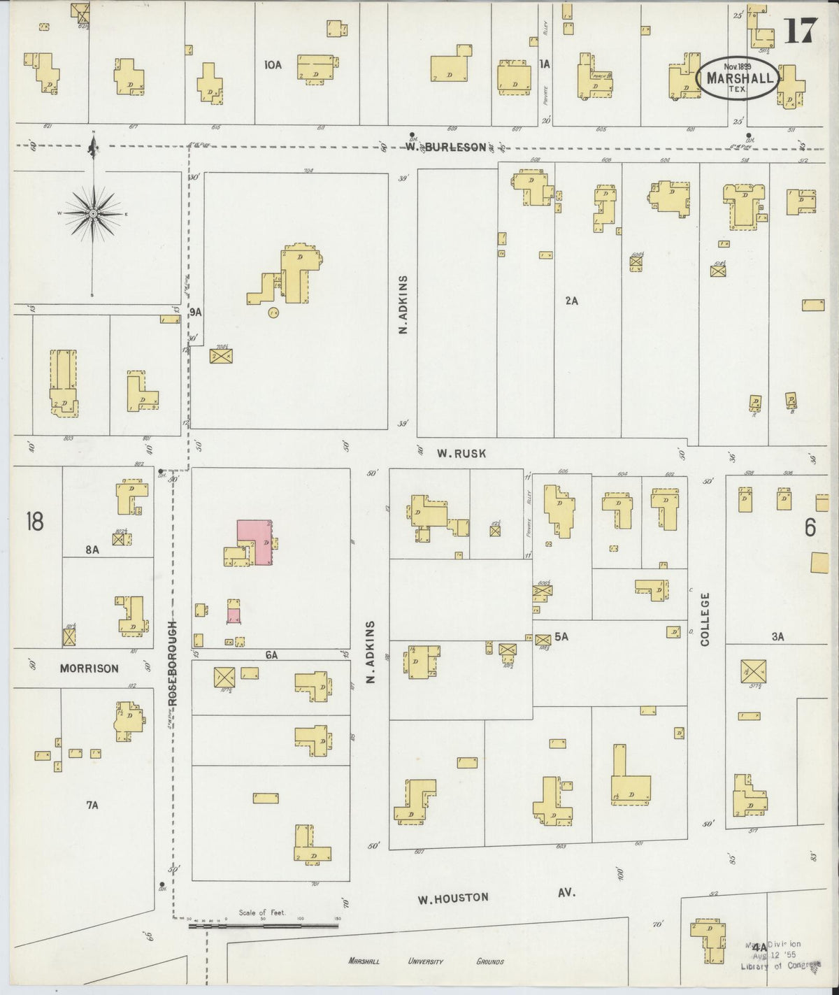 Sanborn Fire Insurance Map from Marshall, Harrison County, Texas (1899), Sheet #0017 - Complete Map Set gallery image, historic Sanborn map, vintage wall art, Texas Texas