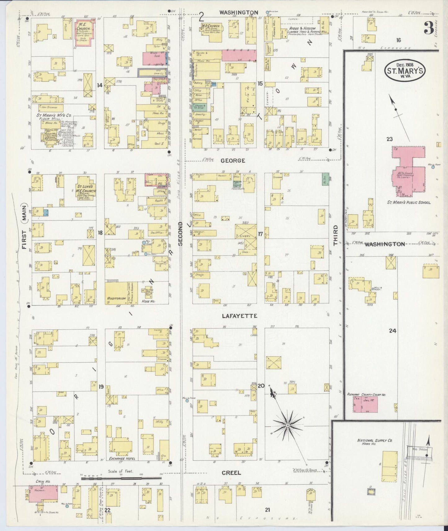 Sanborn Fire Insurance Map from Saint Marys, Pleasant County, West Virginia (1908), Sheet #0003 - Historic Sanborn Fire Insurance Map Print, vintage old map wall art, antique decor, genealogy gift, West Virginia West Virginia map