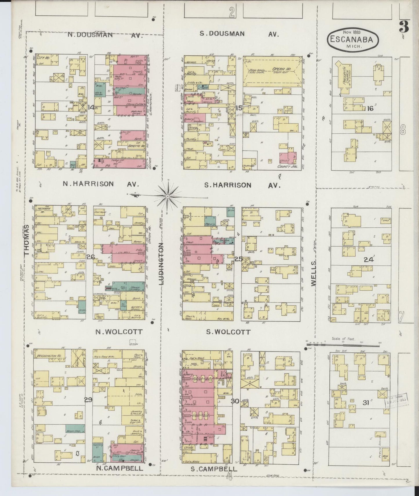 Sanborn Fire Insurance Map from Escanaba, Delta County, Michigan (1893), Sheet #0003 - Historic Sanborn Fire Insurance Map Print, vintage old map wall art, antique decor, genealogy gift, Michigan Michigan map