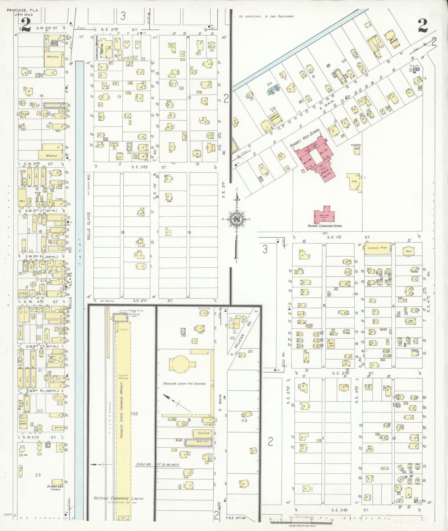 Sanborn Fire Insurance Map from Pahokee, Palm Beach County, Florida (1943), Sheet #0002 - Complete Map Set gallery image, historic Sanborn map, vintage wall art, Florida Florida