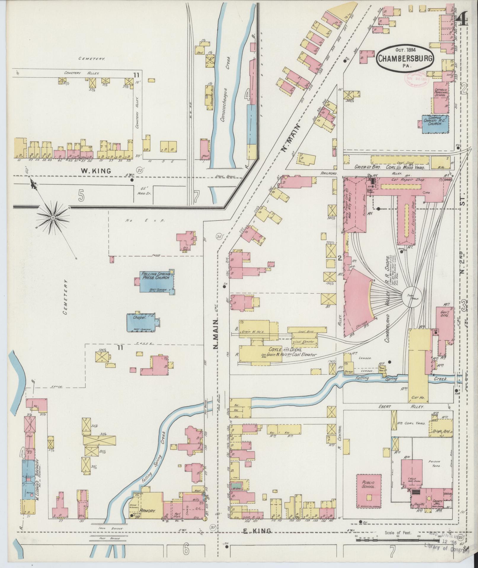 Sanborn Fire Insurance Map from Chambersburg, Franklin County, Pennsylvania (1894), Sheet #0004 - Historic Sanborn Fire Insurance Map Print, vintage old map wall art, antique decor, genealogy gift, Pennsylvania Pennsylvania map