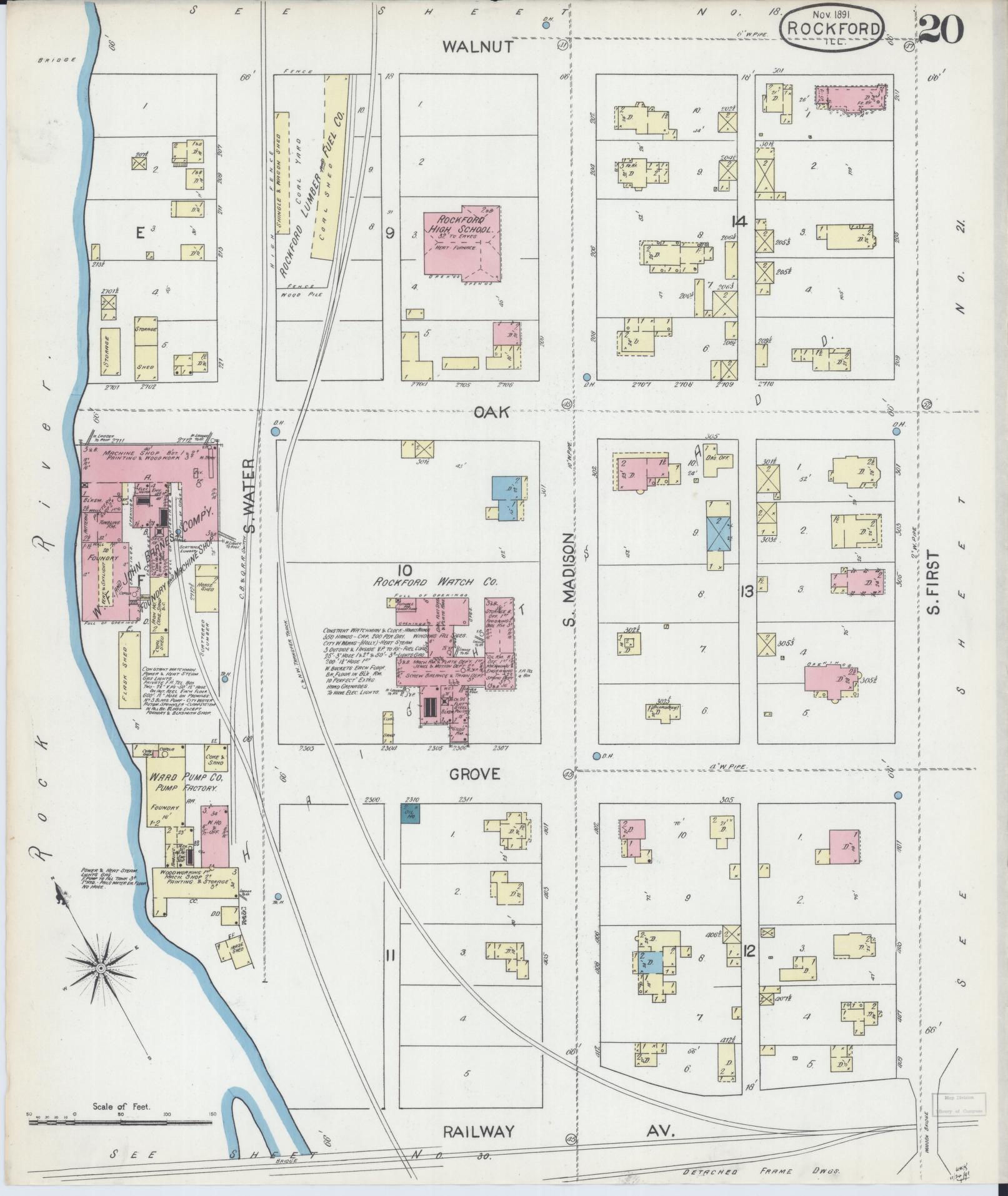 Sanborn Fire Insurance Map from Rockford, Winnebago County, Illinois (1891), Sheet #0020 - Complete Map Set gallery image, historic Sanborn map, vintage wall art, Illinois Illinois