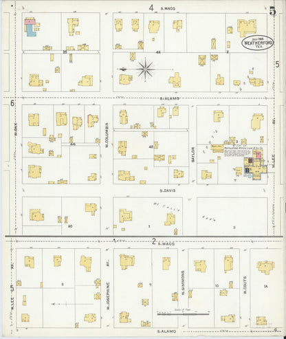Sanborn Fire Insurance Map from Weatherford, Parker County, Texas (1905), Sheet #0005 - Historic Sanborn Fire Insurance Map Print, vintage old map wall art, antique decor, genealogy gift, Texas Texas map