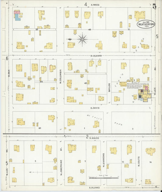 Sanborn Fire Insurance Map from Weatherford, Parker County, Texas (1905), Sheet #0005 - Historic Sanborn Fire Insurance Map Print, vintage old map wall art, antique decor, genealogy gift, Texas Texas map