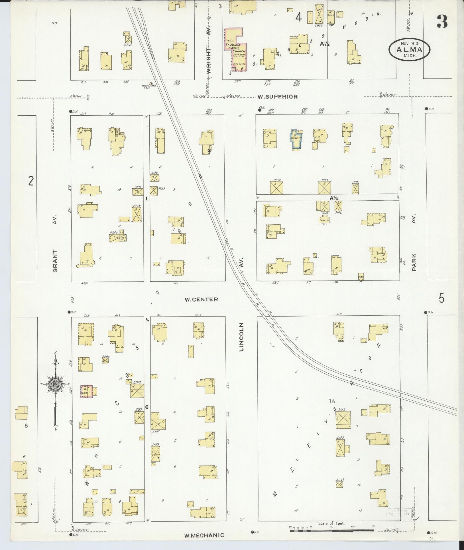 Sanborn Fire Insurance Map from Alma, Gratiot County, Michigan (1910), Sheet #0003 - Historic Sanborn Fire Insurance Map Print, vintage old map wall art, antique decor, genealogy gift, Michigan Michigan map