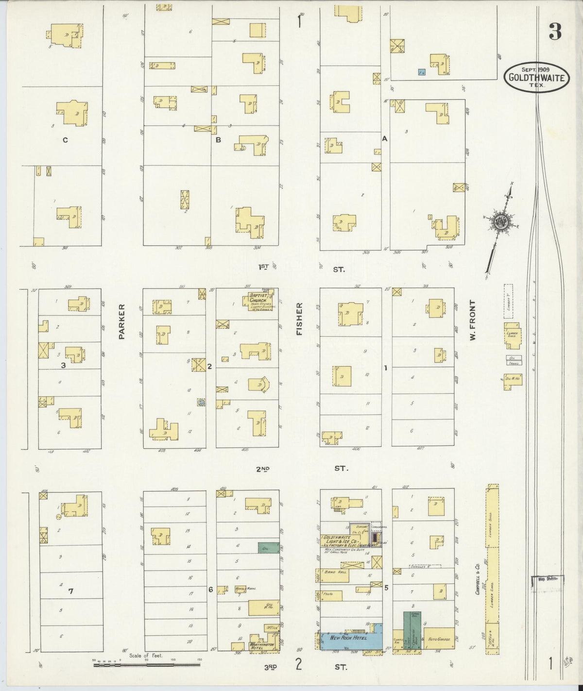 Sanborn Fire Insurance Map from Goldthwaite, Mills County, Texas (1909), Sheet #0003 - Complete Map Set gallery image, historic Sanborn map, vintage wall art, Texas Texas