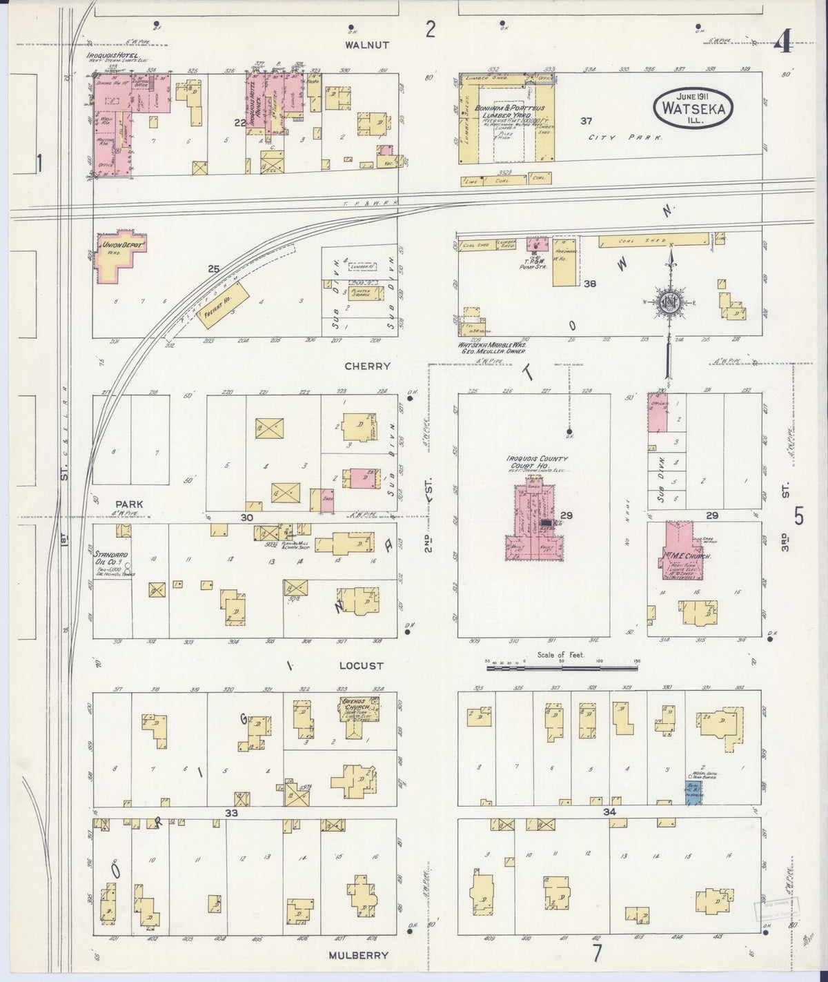 Sanborn Fire Insurance Map from Watseka, Iroquois County, Illinois (1911), Sheet #0004 - Historic Sanborn Fire Insurance Map Print, vintage old map wall art, antique decor, genealogy gift, Illinois Illinois map