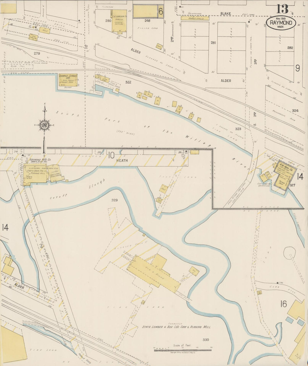 Sanborn Fire Insurance Map from Raymond, Pacific County, Washington (1919), Sheet #0013 - Historic Sanborn Fire Insurance Map Print, vintage old map wall art, antique decor, genealogy gift, Washington Washington map