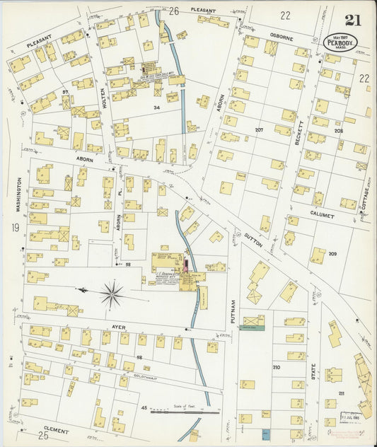 Sanborn Fire Insurance Map from Peabody, Essex County, Massachusetts (1907), Sheet #0021 - Historic Sanborn Fire Insurance Map Print, vintage old map wall art, antique decor, genealogy gift, Massachusetts Massachusetts map